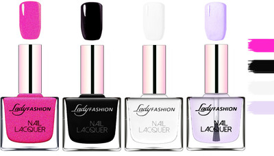 

Lady Fashion Extra Shine Extra Long Stay Chip Resistant Nail Polish Mettalic Pink,Black,White,Top Coat(Pack of 4)