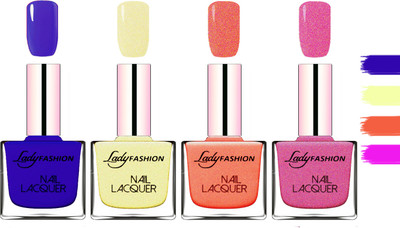 

Lady fashion Extra Shine Extra Long Stay Chip Resistant Nail Polish Blue,Mettalic Gold,Orange Silk,Abricoat Rose(Pack of 4)