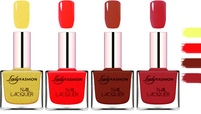 Lady Fashion Extra Shine Extra Long Stay Chip Resistant Nail Polish Golden,Juice Red,Coffee,Dark Red(Pack of 4)