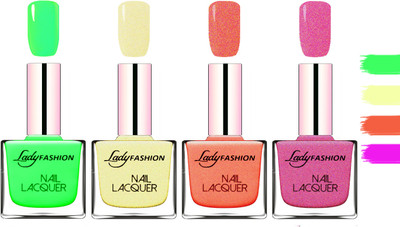 

Lady fashion Extra Shine Extra Long Stay Chip Resistant Nail Polish Light Green,Mettalic Gold,Orange Silk,Abricoat Rose(Pack of 4)