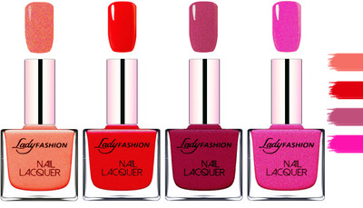 

Lady Fashion Extra Shine Extra Long Stay Chip Resistant Nail Polish Orange Silk,Red,Maroon,Mettalic Pink(Pack of 4)