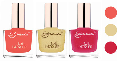 

Lady Fashion Extra Shine Extra Long Stay Chip Resistant Nail Polish (set of 3) Light Orange,Mettalic Gold,Mettalic Pink(Pack of 3)