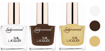 

Lady Fashion Extra Shine Extra Long Stay Chip Resistant Nail Polish (Set Of 3) White,Mettalic Brown,Mettalic Gold(Pack of 3)