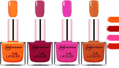 

Lady fashion Extra Shine Extra Long Stay Chip Resistant Nail Polish Juicy Orange,Maroon,Mettalic Pink,Copper(Pack of 4)