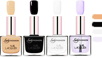 

Lady Fashion Extra Shine Extra Long Stay Chip Resistant Nail Polish Beach Nude,Silky Pink,Black,White(Pack of 4)