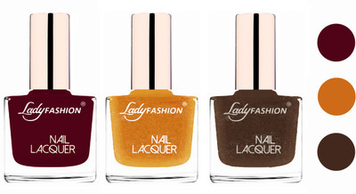 

Lady Fashion Extra Shine Extra Long Stay Chip Resistant Nail Polish (set of 3) Maroon,Golden,Mettalic Brown(Pack of 3)
