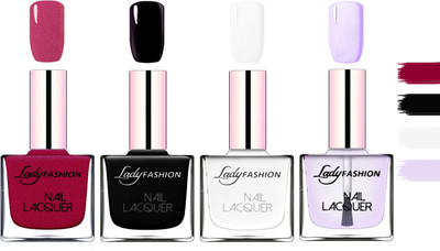 

Lady Fashion Extra Shine Extra Long Stay Chip Resistant Nail Polish Maroon,Black,White,Top Coat(Pack of 4)