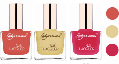 

Lady Fashion Extra Shine Extra Long Stay Chip Resistant Nail Polish (set of 3) Nude,Mettalic Gold,Mettalic Pink(Pack of 3)