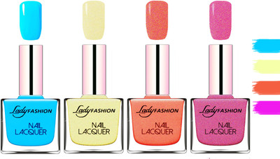 

Lady fashion Extra Shine Extra Long Stay Chip Resistant Nail Polish Sky Blue,Mettalic Gold,Orange Silk,Abricoat Rose(Pack of 4)