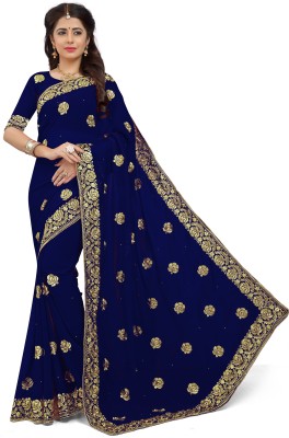 Om Shantam sarees Self Design, Temple Border, Embroidered, Striped, Solid/Plain Bollywood Georgette Saree(Dark Blue)