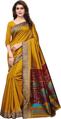 SAARA Printed, Graphic Print Kalamkari Art Silk Saree(Multicolor, Yellow)