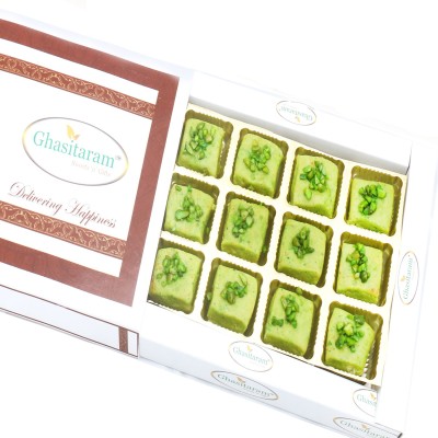 

Ghasitaram Gifts Diwali Gifts - Sugarfree Sweets- Ghasitaram's Pista Sugarfree Mawa Barfi in White Box(300 g, Festive Gift Box)