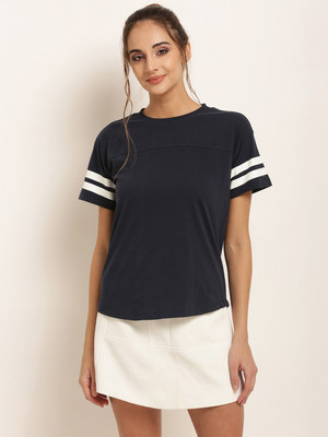 HARPA Colorblock Women Round Neck Dark Blue T-Shirt