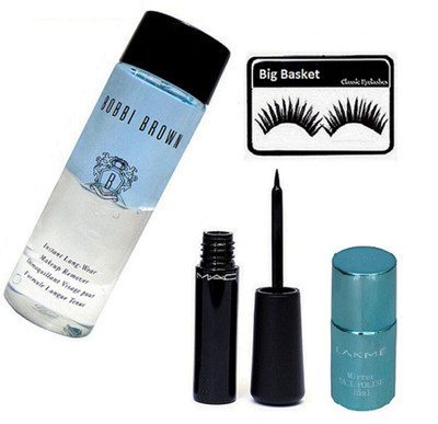 

big Basket Eyelashes, Mac Liquid Eyeliner, Bobbi Brown Instant Long Wear Makeup Remover, Mirror Nail Paint(Set of 4)