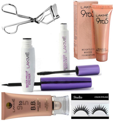 

studio Eyelashes And Lakme Liquid Eyeliner And Mascara,Mousse Foundation,Eyelashes Curler,Mousse Foundation 6g.,BB Bright Benefit Cream(Set of 6)