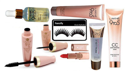 

Fancify Eyelashes With 9to5 Mousse foundation With Gold Radiance Face Serum, Liquid Eyeliner, Mascara & Matte Finish lipstick CC Color transform Cream With Infallilible Mattifying Primer(Set of 8)