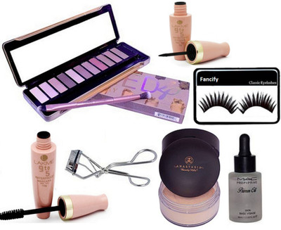 

Fancify Eyelashes, Eyelashes Curler, Naked 4 Eyeshadow Palette, Anastasia Loose Powder Compact, Mac Prep+prime Primer Oil , 9to5 Waterproof Eyeliner & Mascara(Set of 7)