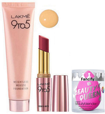 

Fancify Sponge Puff, 9to5 Weightless Mousse Foundation 29g, Primer+matte Lipstick(Set of 3)