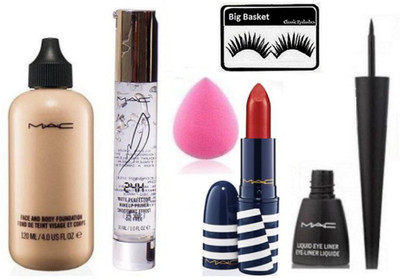 

big basket Eyelashes, Face and Body Foundation, Smoothing Effect Face Primer Gel,Lipstick,Sponge Puff,Liquid Liner(Set of 6)