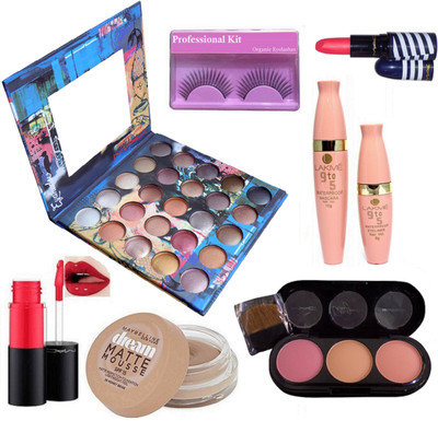 

professional kit Eyelashes, Lakme 9 To 5 Eyeliner & Mascara, Maybelline Matte Mousse, Mac 25 Shade Eyeshadow Stylish Palette, 3 Shade Blusher Compact, Folly Pink Shade Lipgloss & Lipstick(Set of 7)