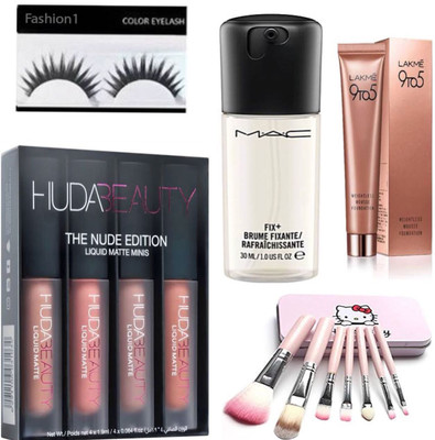 

FASHION 1 combo of Eyelash lakme 9to5 Foundation Huda luquid matte Lipstick ,mac fix+Brume , Kitty mini Pink brush set (Pack of 7) (set of 5)(Set of 5)