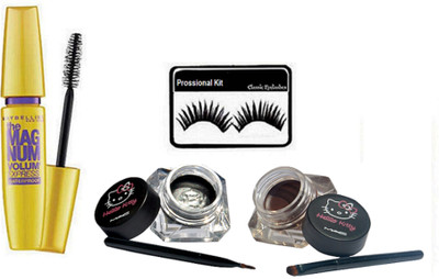 

Professional kit Eyelashes, Mac Hello Kitty Gel Eyeliner Two way Black and Brown, Maybelline The Magnum Volum Express Mascara(Set of 3)