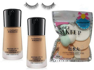 

Professional kit Sponge makeup puff,Mac mineralize moisture spf 15 foundation (set of 2)& Eyelashes(Set of 4)