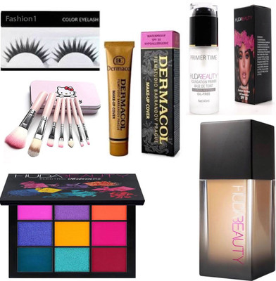 

FASHION 1 combo of Dermacol makeup cover with primer,eyeshadow, Kitty mini Pink brush set (Pack of 7) huda foundation and eyelash,(Set of 6)