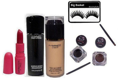 

big basket Eyelashes & D For Danger Lipstick,Prep+Prime InfusionSerum, Foundation, Hello Kitty Eyeliner(Set of 5)
