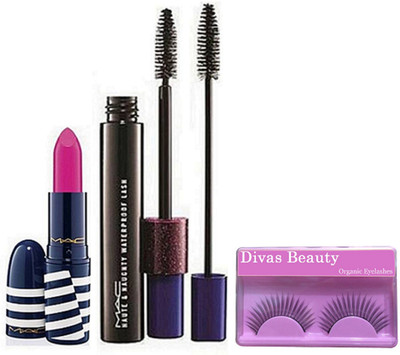 

divas beauty Eyelashes & Mac Haute & Naughty Double Effect Mascara With Pink Lipstick(Set of 3)