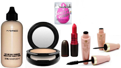 

Fancify Sponge Puff, Mac Face & Body Foundation, Studio fix Compact, Lady Gaga Lipstick and lakme 9to5 Waterproof Eyeliner & Mascara(Set of 6)