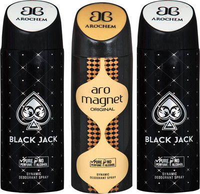 

arochem BLACK JACK-2 AND ARO MAGNET 3 PACK COMBO DYNAMIC DEODORANT SPRAY Deodorant Spray - For Men & Women(600 ml, Pack of 3)