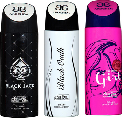

arochem BLACK JACK AND GIRL & BLACK OUDH 3 PACK COMBO DYNAMIC DEODORANT SPRAY Deodorant Spray - For Men & Women(600 ml, Pack of 3)