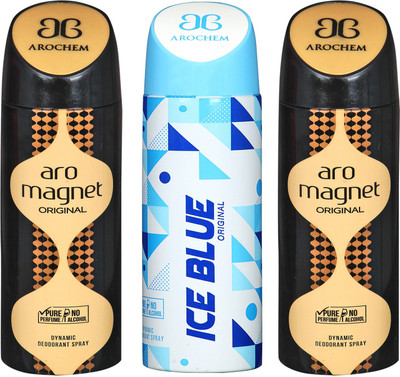 

arochem ARO MAGNET -2 & ICE BLUE 3 PACK COMBO DYNAMIC DEODORANT SPRAY Deodorant Spray - For Men & Women(600 ml, Pack of 3)