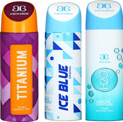 

arochem TITANIUM AND H2O & ICE BLUE 3 PACK COMBO DYNAMIC DEODORANT SPRAY Deodorant Spray - For Men & Women(600 ml, Pack of 3)