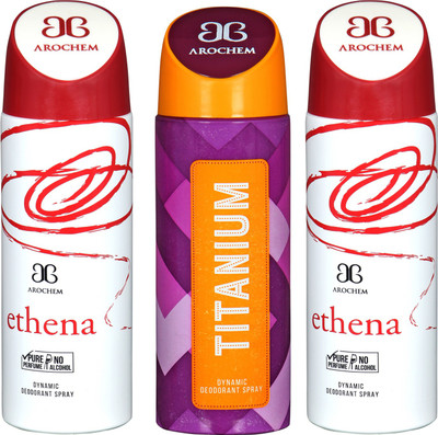 

arochem ETHENA AND TITANIUM AND ETHENA 3 PACK COMBO DYNAMIC DEODORANT SPRAY Deodorant Spray - For Men & Women(600 ml, Pack of 3)