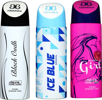 

arochem BLACK OUDH AND GIRL & IC E BLUE 3 PACK COMBO DYNAMIC DEODORANT SPRAY Deodorant Spray - For Men & Women(600 ml, Pack of 3)