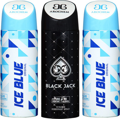 

arochem ICE BLUE-2 AND BLACK JACK 3 PACK COMBO DYNAMIC DEODORANT SPRAY Deodorant Spray - For Men & Women(600 ml, Pack of 3)