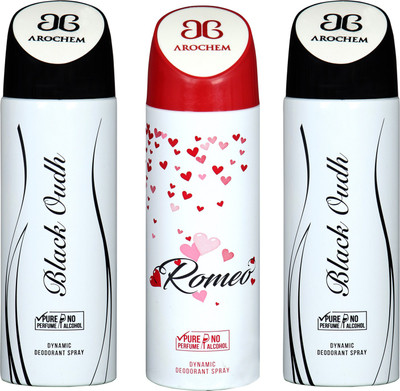 

arochem BLACK OUDH -2 AND ROMEO 3 PACK COMBO DYNAMIC DEODORANT SPRAY Deodorant Spray - For Men & Women(600 ml, Pack of 3)
