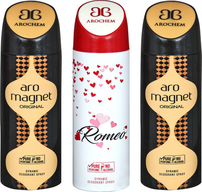 

arochem ARO MAGNET -2 & ROMEO 3 PACK COMBO DYNAMIC DEODORANT SPRAY Deodorant Spray - For Men & Women(600 ml, Pack of 3)