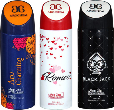 

Arochem Aro Charming & Romeo & Black Jack Combo Pack Dynamic Deodorant Spray Deodorant Spray - For Men & Women(600 ml, Pack of 3)