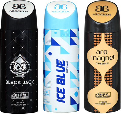 

arochem BLACK JACK AND ARO MAGNET & ICE BLUE 3 PACK COMBO DYNAMIC DEODORANT SPRAY Deodorant Spray - For Men & Women(600 ml, Pack of 3)