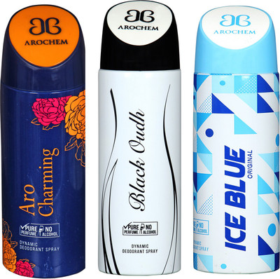 

arochem ARO CHARMING & ICE BLUE AND BLACK OUDH 3 PACK COMBO DYNAMIC DEODORANT SPRAY Deodorant Spray - For Men & Women(600 ml, Pack of 3)