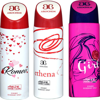 

Arochem Romeo & Ethena & Charming Girl Combo Pack Dynamic Deodorant Spray Deodorant Spray - For Men & Women(600 ml, Pack of 3)