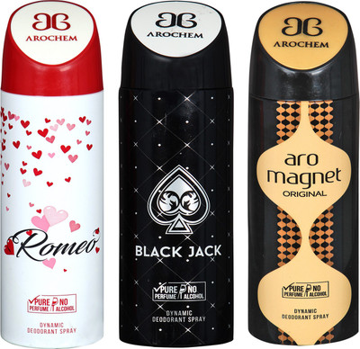 

Arochem Romeo & Black Jack & Aro Magnet Combo Pack Dynamic Deodorant Spray Deodorant Spray - For Men & Women(600 ml, Pack of 3)