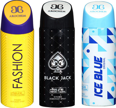 

arochem FASHION & ICE BLUE & BLACK JACK 3 PACK COMBO Deodorant Spray - For Men & Women(600 ml, Pack of 3)