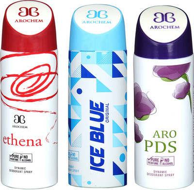 

arochem ETHENA AND ARO PDS & ICE BLUE 3 PACK COMBO DYNAMIC DEODORANT SPRAY Deodorant Spray - For Men & Women(600 ml, Pack of 3)