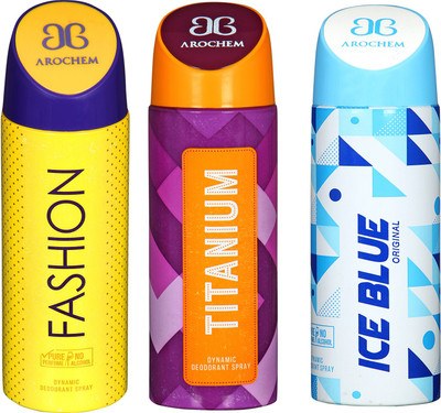 

arochem FASHION & ICE BLUE & TITANIUM 3 PACK COMBO DYNAMIC DEODORANT SPRAY Deodorant Spray - For Men & Women(600 ml, Pack of 3)