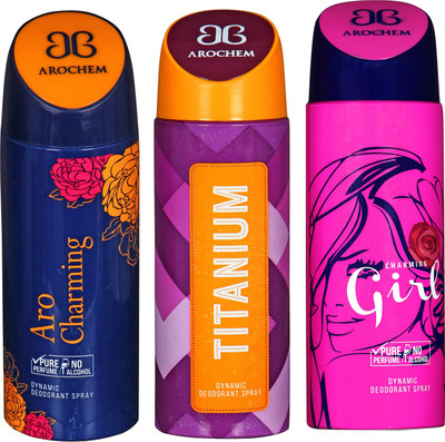

Arochem Aro Charming & Titanium & Charming Girl Combo Pack Dynamic Deodorant Spray Deodorant Spray - For Men & Women(600 ml, Pack of 3)