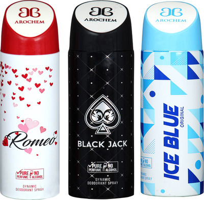 

Arochem Romeo & Black Jack & Ice Blue Combo Pack Dynamic Deodorant Spray Deodorant Spray - For Men & Women(600 ml, Pack of 3)
